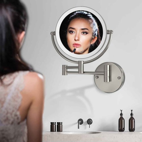 Wall Mounted Lighted Makeup Vanity Mirror with Magnification, 8 Inch Double Sides 10X Magnifying Bathroom Mirror 3 Color Lighting Touch Dimming, Extended Arm Shaving Mirror Hard Wired, Brushed Nickel