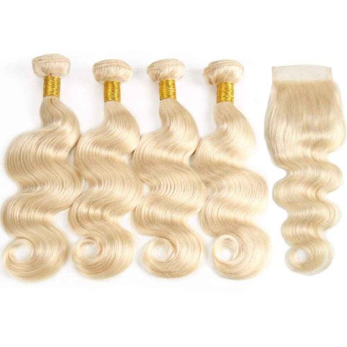 𝗜𝗻𝘀𝗤𝘂𝗲𝗲𝗻 613 Bundles with Closure Body Wave #613 Blonde Human Hair 12A Grade Brazilian Virgin Human Hair 4 Bundles with Closure Free Part (10 10 10 10 + 10, 613)