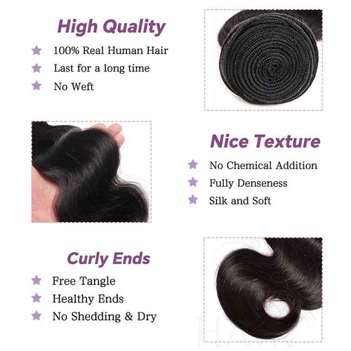 Body Wave Bundles Human Hair With 2X6 Closure (16 18 20+14 Inch) Natural Black 12A Brazilian Human Hair Bundles With Hd Lace Closure