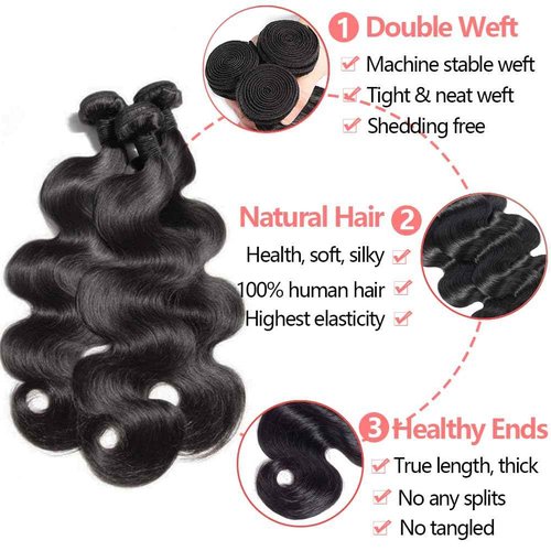 Bundles with Closure Human Hair (20 22 24+18) Body Wave 3 Bundles with 5x5 HD Closure 100% Human Hair 12A Unprocessed Virgin Hair Natural Black