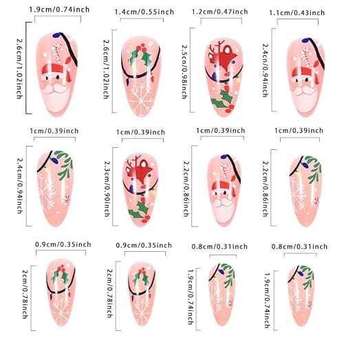 Christmas Press on Nails Long Almond Fake Nails Cute Xmas Nails Press ons with Santa Candy Elk Snowflake Winterberry Design Full Cover Stick on Nails for Women Manicure,Glossy | Reusable | 24Pcs