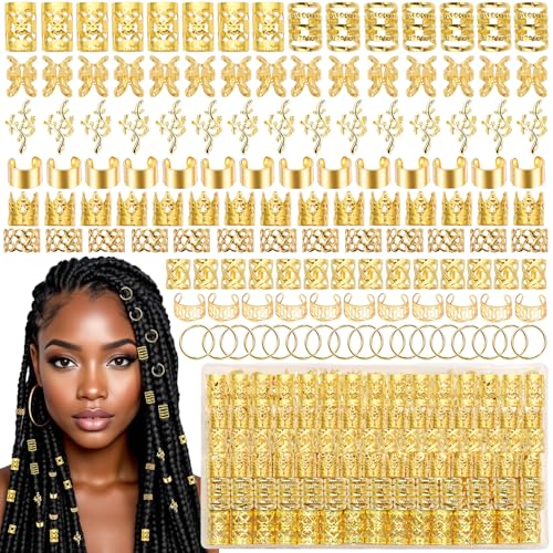 220PCS Gold Hair Jewelry Dreadlock Cuffs Braids Clips Metal Hair Cuff Rings Loc Charms Hair Beads Decorations Accessories for Women
