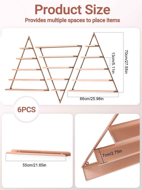 EBANKU Metal Wall-mounted Nail Polish Storage Racks 5 Tiers Triangular Display Rack Cosmetic Display Cases Lipstick Perfume Wall Shelf Essential Oil Organizers for Home Spa Nail Salon Shop (Rose Gold)