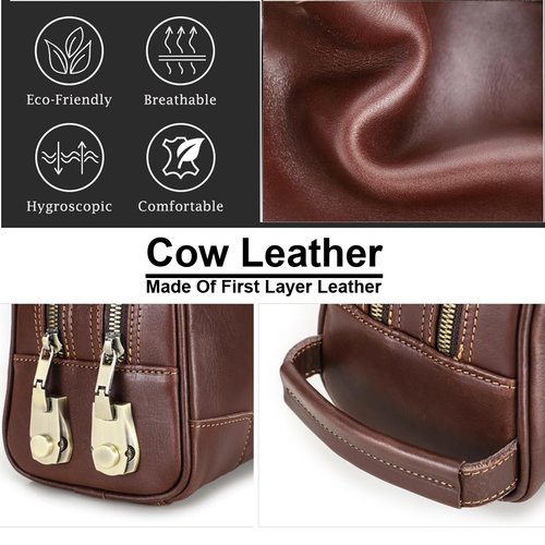 RC ROCKCOW Coded Lock Toiletry Bag, Mens Genuine Leather Travel Shaving Dopp Kit Anti Theft Business Wallet Clutch Purse Bag Organizer