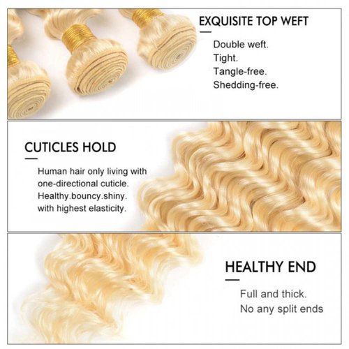 #613 Blonde Bundles Deep Wave Bundles Human Hair 30 32 34 Inch Unprocessed Brazilian Virgin Weave Hairs Honey Blonde 3 Bundle 50 Gram Per Bundle Human Hair Extensions
