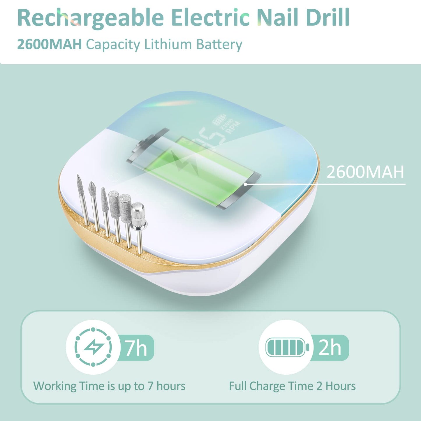 Madenia Rechargeable Nail Drill for Acrylic Nails, Professional 35000rpm Portable Nail Drill Cordless Manicure Drill Machine Nail Art Electric Nail File