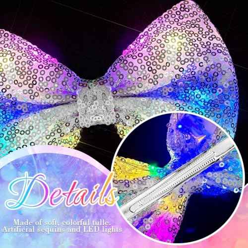 Woeoe Light Up Sequin Hair Bows Clips Glitter Bow Hairpin Glow Hair Bows Accessories Birthday Party for Women and Girls (Silver)