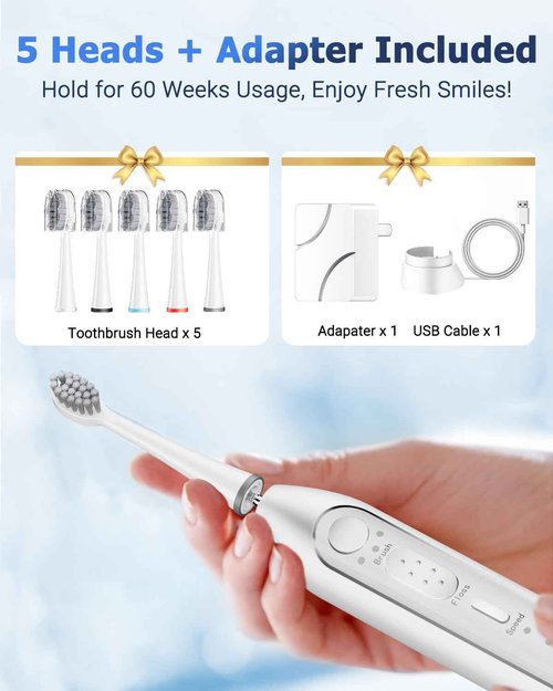 Electric Toothbrush with Water Flosser 3 in 1 Combo, Advanced 2.0 Flossing Toothbrush, Cordless Teeth Cleaning, 3 Modes&5 Speeds, Rechargeable Oral Dental Irrigator Kit for Adults, 5 Replacement Heads