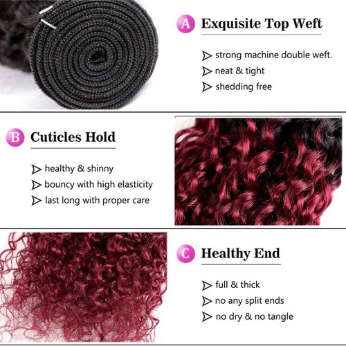 Ombre Bundles 1B99J Kinky Curly Human Hair 10 12 14 Inch Two Tone Black And Red Bundles 8A Grade Burgundy Kinky Curly Hair
