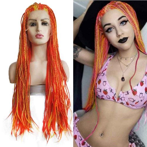 Orange Box Braided Wigs for Women Long Highlight Orange Mixed Yellow Red Piano Color Braid Wigs Lace Front Wig Glueless Heat Resistant Fiber Synthetic Hair Festival Cosplay Daily Wigs 26 Inch