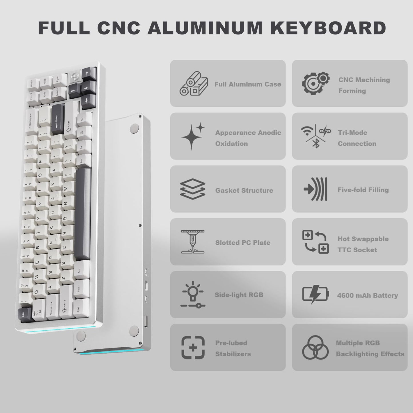 YUNZII AL71 68% Mechanical Keyboard (Siver, Crystal White Switch) and Full Keycap Set (Coffee Cat) Bundle