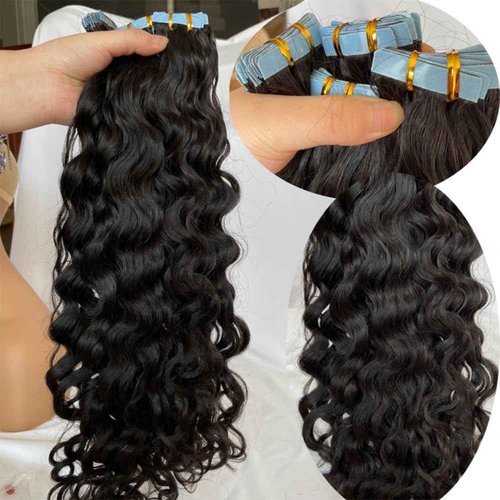 Tape in Hair Extensions Natural Wavy Real Human Hair 24inch Nautural Black Water Wave Brazilian Remy Human Hair Natural Color Tape on Human Hair Extensions 40pcs 100g #1B