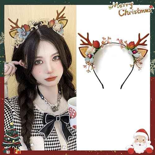 QUUPY Christmas Deer Antlers Flower Berry Headband Crown Floral Headband Christmas Boho Headdress Party Headwear Hair Hoop Christmas Hair Accessories for Women Girls