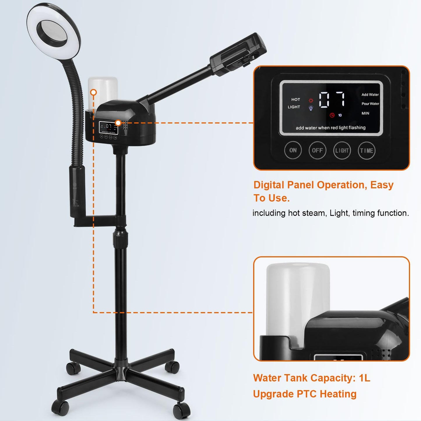 Professional Facial Steamer with 5X Magnifying Lamp, 2 in 1 Facial Steamer Upgrade PTC Heating, Esthetician Steamer Black Face Steamer for Salon Spa Beauty Skin Care (Black)