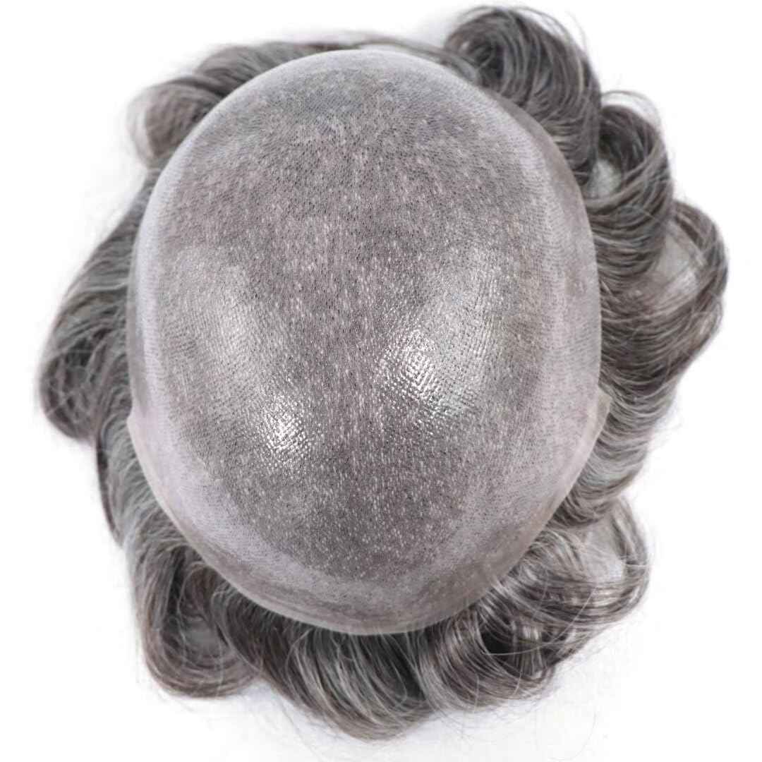 Grey Thin Skin Toupee for Men Hair System 8x10 Inch PU Poly Mens Toupee Human Hair Piece Replacement Hairpiece 450# Medium Brown with 50% Synthetic Gray