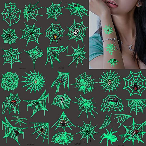73PCS Luminous Halloween Spider Web Temporary Tattoos for Kids, Costume Makeup Glow in the Dark Fake Tattoo Stickers, Face Cosplay Holiday Party Favors Gifts for Adults Classroom School Prizes Reward