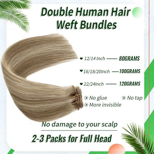Sew in Hair Extension Real Human Hair, 18 inch 100g Hand Tied Weft Hair Extension Human Hair, Beige Blonde with Platinum Blonde Highlights Human Hair Extensions Sew in, Double Weft Bundles Human Hair