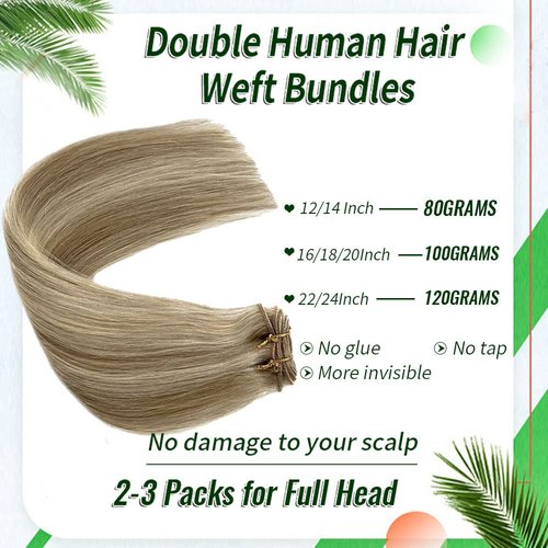 Sew in Weft Hair Extensions Bayalage Colored Beige Blonde With Platinum Blonde Highlights - Human Hair Bundles Double Weft Silky Straight Remy Hair Full Head 20inch 100g