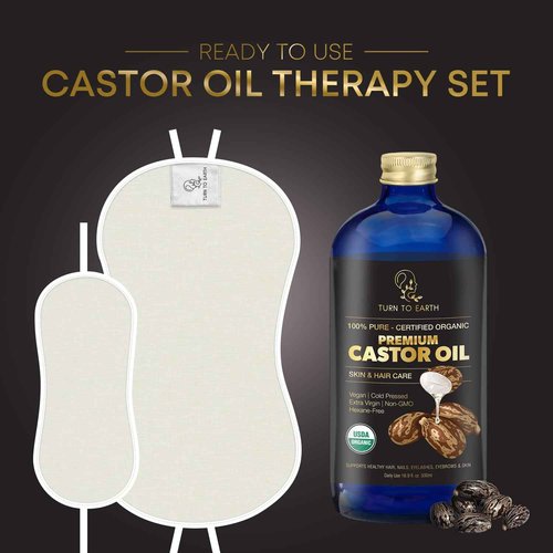 Castor Oil Wrap Kit with Premium Castor Oil and Reusable Organic Abdomen and Neck Detox Wellness Pads with Adjustable Tie Straps, Easy to Use, Mess Free Wellness Pack