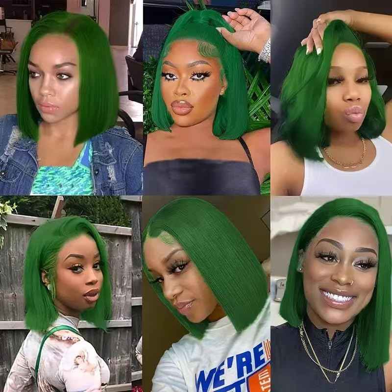 13x4 Transparent Lace Frontal Dark Green Bob Wig Human Hair Brazilian Virgin Short Bob Wigs 180% Density Dark Green 13x4 Lace Bob Wig Pre Plucked Natural Hairline with Baby Hair（8 Green)