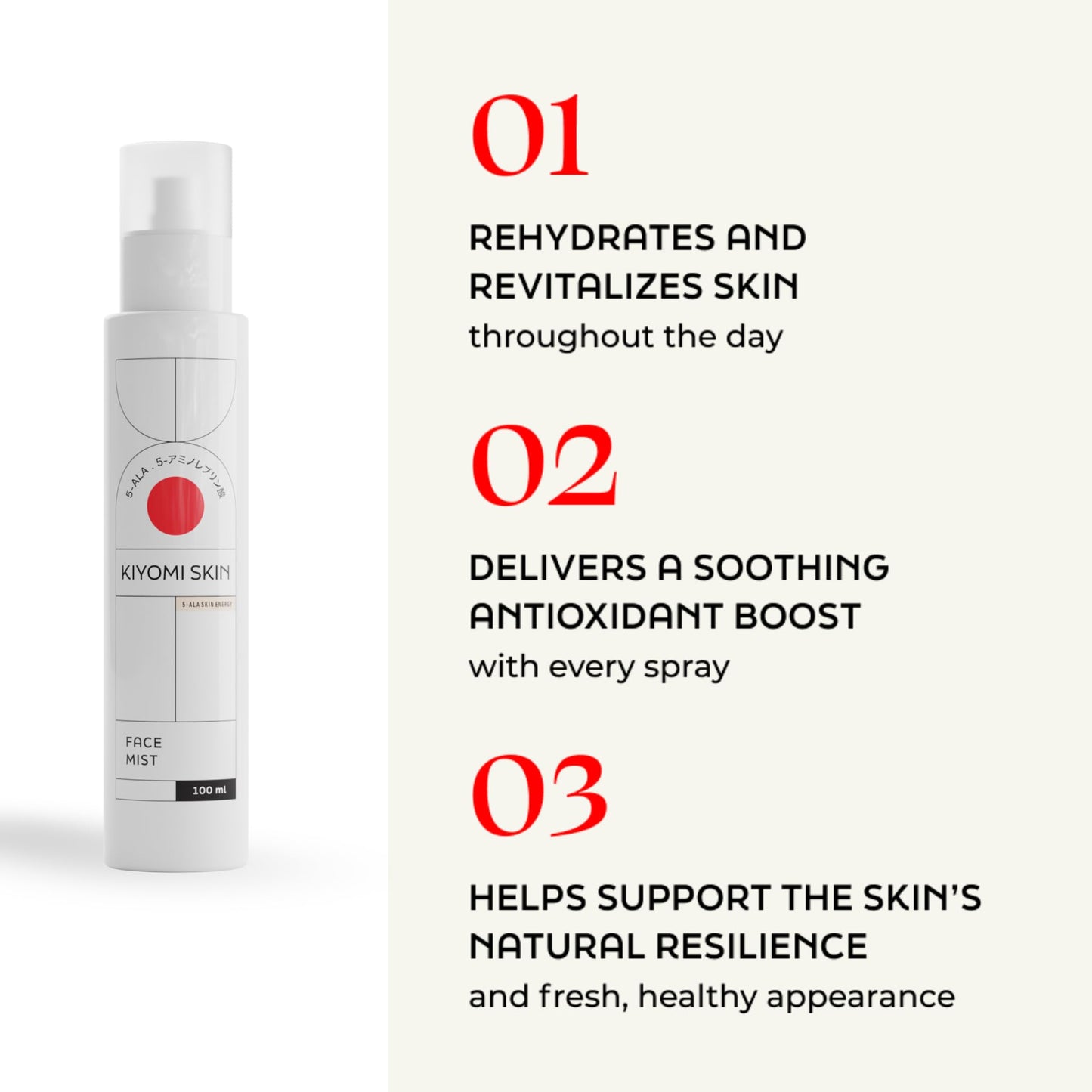 Kiyomi Skin Face Mist Moisturizer - Calming Facial Moisturizing Spray with 5-ALA, Hyaluronic Acid, Green Tea, Lavender - Fast-Absorbing Hydrating Antioxidant Spray for All Skin Types - 3.3 Fl Oz