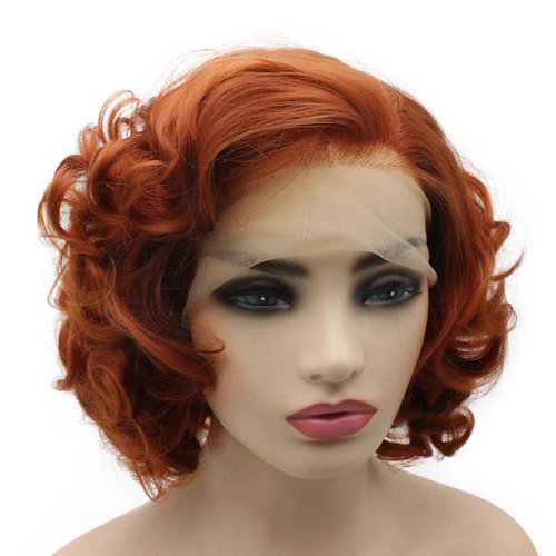 Peakia Short Wavy Burgundy Red Half Hand Tied Lace Frontal Wigs Synthetic