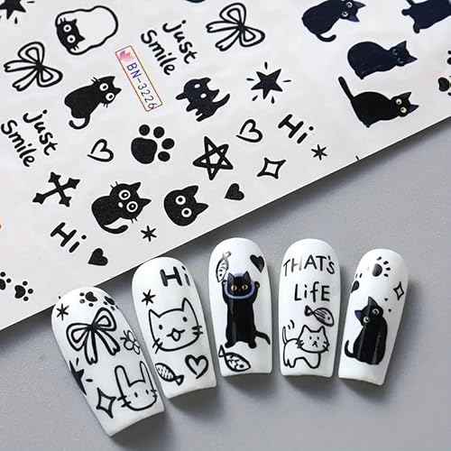 Cute Nail Art Stickers Black White Cat Water Transfer Nail Stickers Cat Paw Cute Animals Water Transfer Nail Decals 3D Self Adhesive Nail Art Supplies Heart Designs Nail Decals 12PCS
