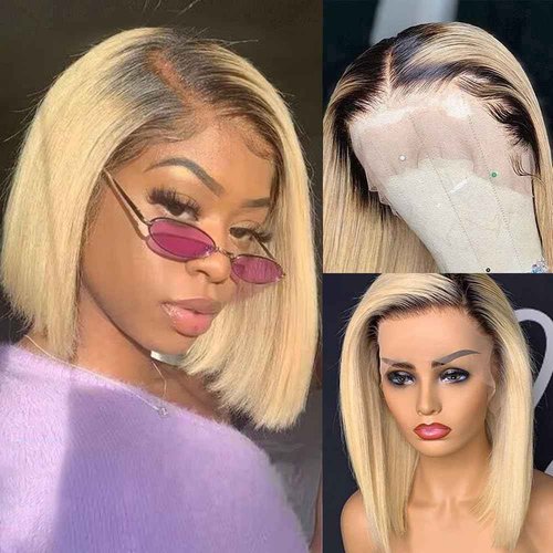 Smartinnov 1B/613 Ombre Blonde Bob Wigs Human Hair Glueless 13x4 HD Lace Front Wigs 12 Inch Pre Plucked Middle Part Virgin Hair for Women 180% Bleached Knots with Baby Hair Ombre blonde with Dark Root
