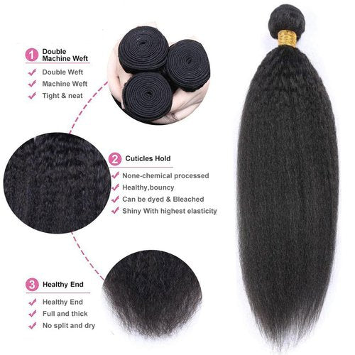 OLFORY Hair Bundles 12A Yaki Kinky Straight Human Hair 3 Bundles 100% Unprocessed Mongolian Virgin Human Hair Kinky Straight Bundles Yaki Hair Natural Color (16 18 20)