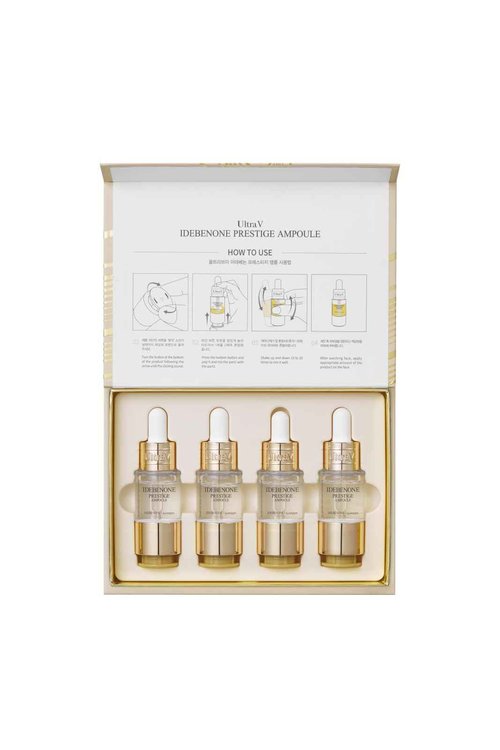 Ultra V Idebenone Prestige Ampoule, 4 Vials Set, Anti-Aging Antioxidant Serum, 0.34 fl oz Each - Antioxidant, Anti Wrinkle, Smoothes, Softens, Hyaluronic Acid, Peptides