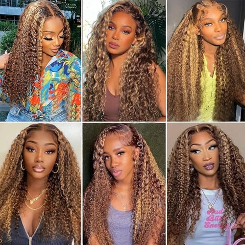 Ombre Lace Front Wig Human Hair Highlight Deep Wave 5x5 Hd Lace Closure Wigs Human Hair 4/27 Colored Glueless Honey Blonde Wig Human Hair Wig Pre Plucked Wet Wavy Curly Wig 180 Density 24 Inch