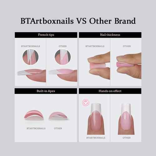 BTArtboxnails French Gel Nail Tips - French Tip Press on Nails Brown Short Almond 3 in 1 X-coat Tips Pre-applied Tip Primer & Base Coat, No Need to File Fake Nails for Nail Art DIY