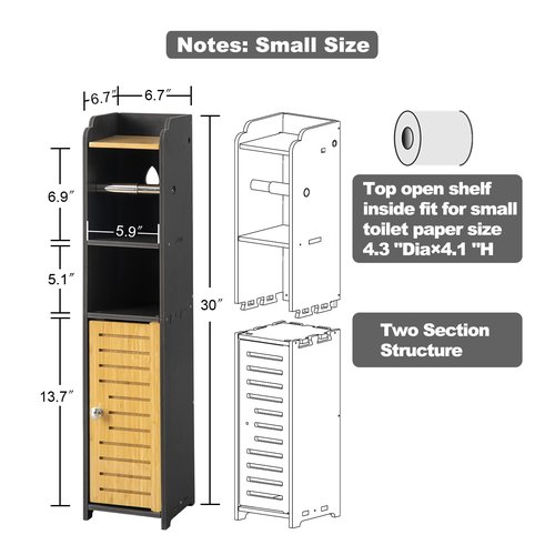 AOJEZOR Toilet Paper Holder Stand: Small Bathroom Storage Cabinet - Black - Bamboo