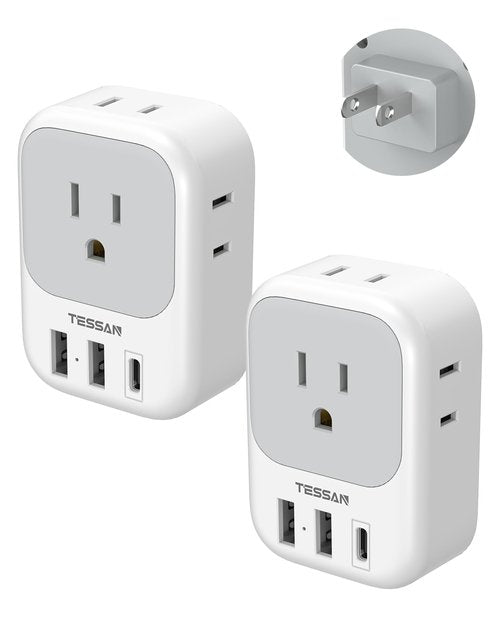 US to Japan Plug Adapter 2 Pack, TESSAN 2 Prong to 3 Prong Outlet Adapter with 4 Outlets 3 USB (1 USB-C), Outlet Adaptor US to Japan China Mexico Philippines Canada Peru Thailand Vietnam