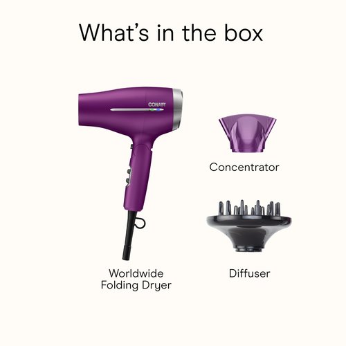 Conair Worldwide Folding Handle Hair Dryer with Concentrator & Diffuser, 1875W Travel Blow Dryer with Smart Voltage Technology, Ionic Conditioning Fights Frizz, 3 Heat & 2 Speed Settings, Purple