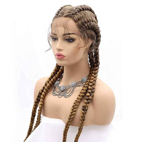 variouswig 4 Twist Lace Front Braid Wig Nature Looking with Baby Hair Synthetic Wigs Hand Tied Heat Resistant Fiber 4 Braided Daily Wear Wigs for Women 30 Inches (Brown)