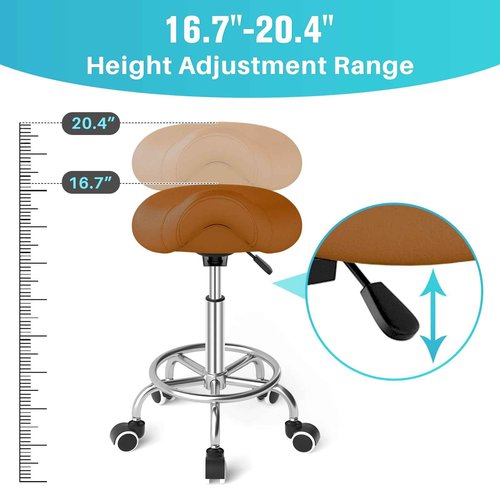 YEEZEE Saddle Stool Ergonomic- Comfortable Rolling Saddle Stool with Wide Thick Saddle Seat Padding, Swivel Adjustable Saddle Chair with Wheels and Ring Pedal for Medical Massage Salon (Brown)