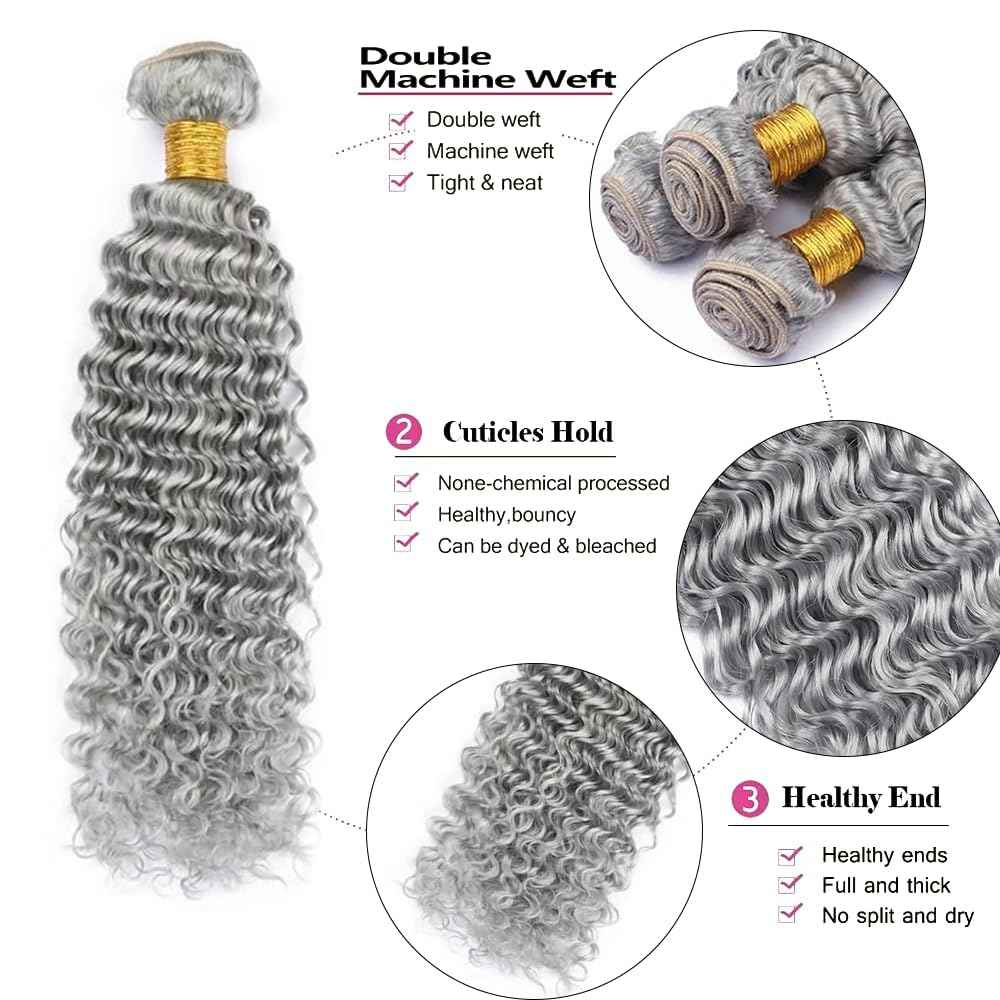 Giginger Sliver Grey Human Hair Bundles 22 24 26 inch Deep Wave Human Hair Bundles Sliver Grey 100% Unprocessed Raw Quick Weave Hair for Black Women