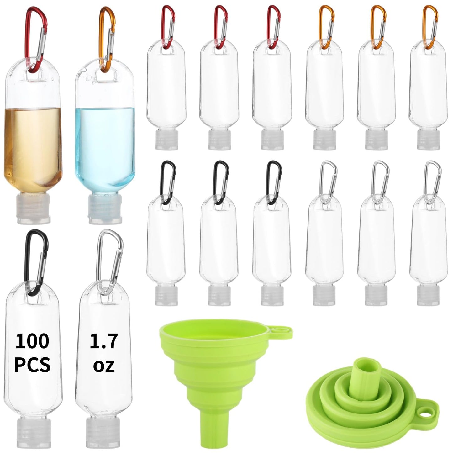 100 PCS Keychain Empty Hand Sanitizer Bottles - 1.7 oz Portable Keychain Travel Bottles, Empty Squeeze Plastic Bottle with Flip Cap, Refillable Containers with 2 Foldable Funnels for Shower Gel Lotion