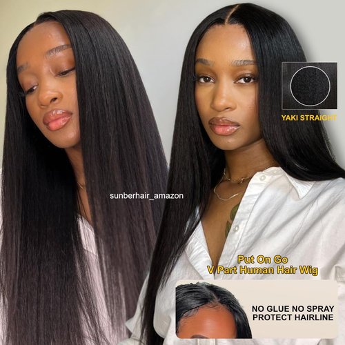 Sunber V Part Wig Human Hair Glueless Wig Yaki Straight Upgrade No Leave Out Vpart Yaki Straight Wigs 150% Density Glueless Clip in Half Wigs No Glue No Sew in Beginner Friendly 16Inch