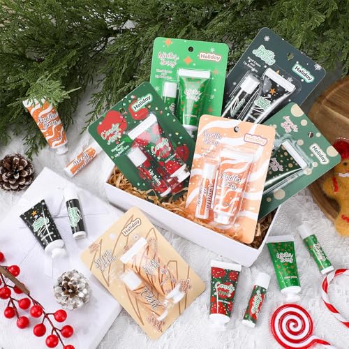 Loopeer 96pcs/48sets Christmas Hand Cream and Lip Balm Gift Sets for Women Travel Hand Lotions Moisturizing Lip Care Lipstick for Dry Cracked Christmas Stocking Stuffer Xmas Bulk Gift Coworker Adult