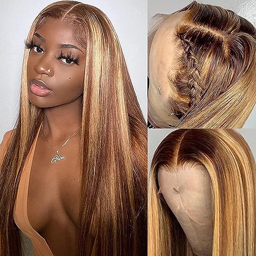 28 Inch Highlight Ombre Lace Front Wig Human Hair Pre Plucked 13x4 Colored 4/27 HD Lace Frontal Human Hair Wigs with Baby Hair 180% Density Honey Blonde Straight Lace Front Wigs Human Hair