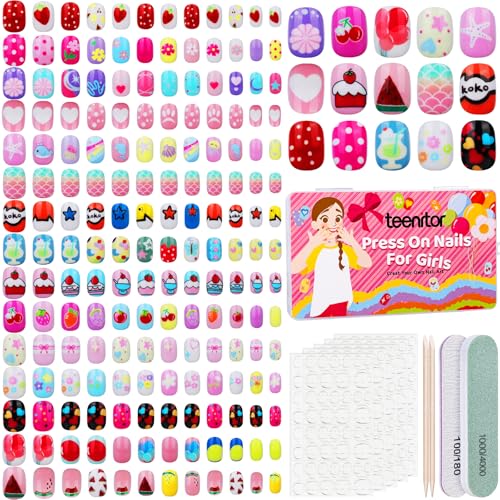 Teenitor 360 Pcs Kids Press On Nails, 15 Styles 12 Sizes Press On Nails for Kids Girls 8-15 Years, Fake Acrylic Kids Nails with Nail Adhesive Tabs, Nail File Nail Buffer
