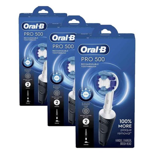 Oral-B Pro 500 Electric Toothbrush with (1) Brush Head, Rechargeable, Black (Pack of 3)