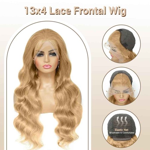 AHUFALU Honey Blonde Lace Front Wig Human Hair 13x4 Hd Lace Frontal Wigs 150% Density Honey Blonde Wig Human Hair 27# Colored Body Wave Wigs Pre Plucked 26Inch