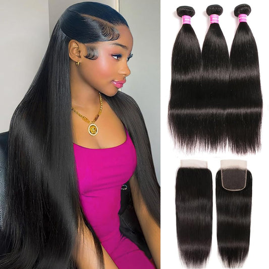 10A Straight Bundles with Closure Human Hair 20 22 24+18 Brazilian Human Hair Bundles with Closure 100% Unprocessed Virgin Straight Hair Weave 3 Bundles with Lace Closure 4x4 Free Part Natural Color