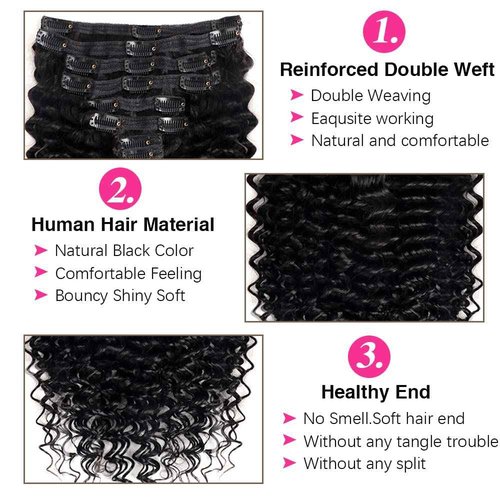 Pobokix Deep Wave Clip in Hair Extensions Real Human Hair Brazilian Virgin Human Hair Clip in Extensions for Black Women 8Pcs Remy Hair with 18Clips 120g (26inch, Natural Black)