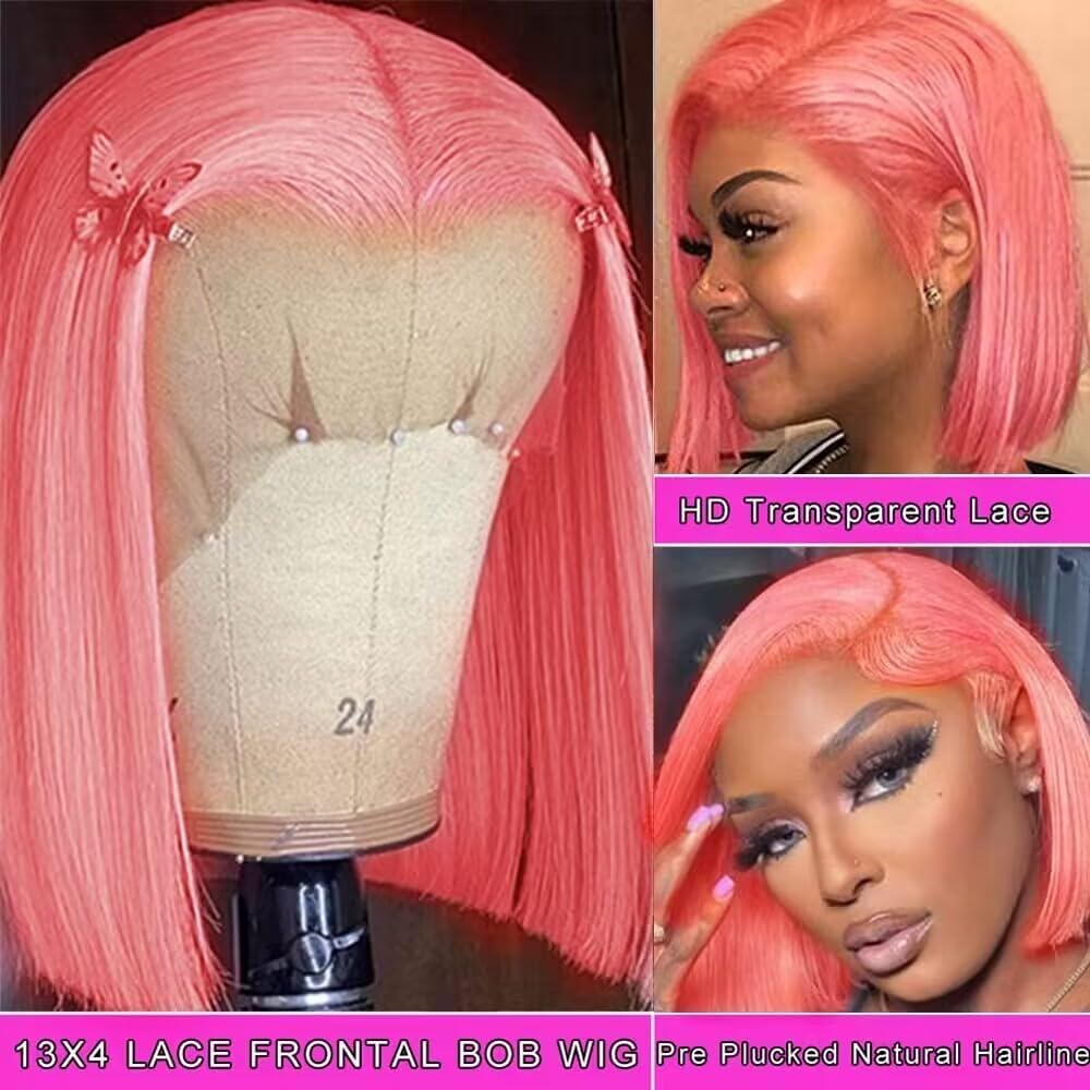 13X4 Straight HD Transparent Pink Bob Lace Front Wigs Human Hair Blunt Cut Bob Wig for Black Women Wear and Go Glueless Pink Bob Wig Human Hair Pre Cut Bob Lace Frontal Wig With Baby Hair 16 Inch