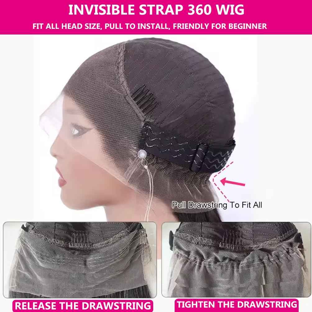 360 Lace Front Wigs Human Hair Hidden Strap Deep Wave Lace Frontal Wig Pre Plucked Drawstring Wig Human Hair 200 Density HD Full Lace Front 360 Glueless Wigs for Women (deep wig, 20inch)