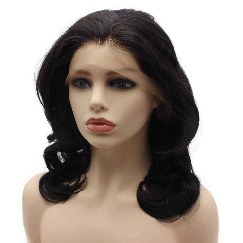 Aurssa Shoulder Length Wavy Dark Brown Half Hand Tied Heat Resistant Synthetic Lace Front Natural Wig